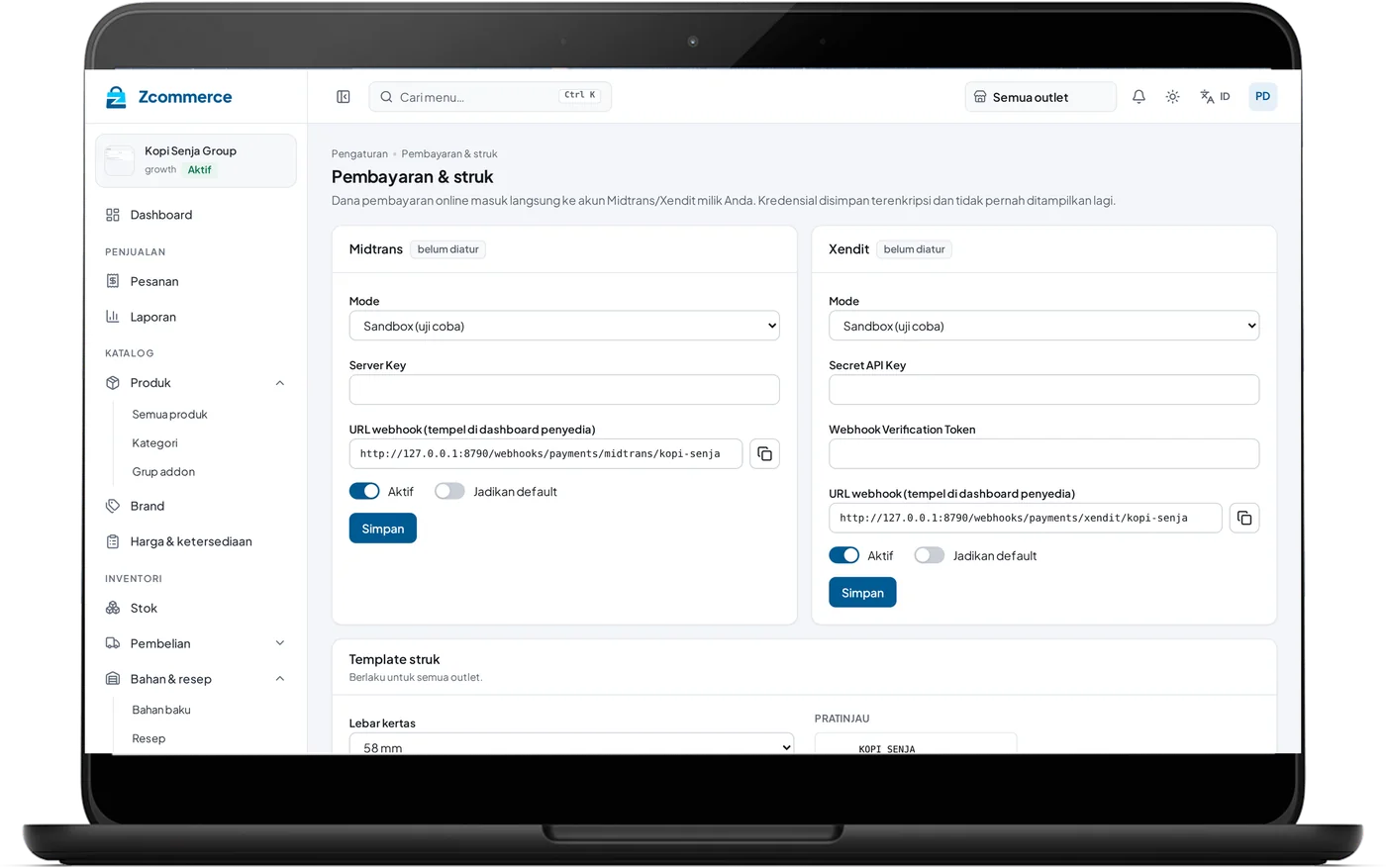 Pengaturan Midtrans dan Xendit dengan mode sandbox atau produksi, dan template struk