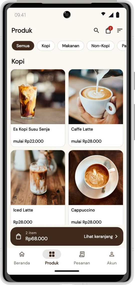 Katalog produk per kategori dengan foto dan harga