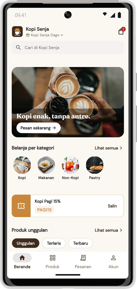 Aplikasi pelanggan Kopi Senja di HP: banner, kategori, dan voucher