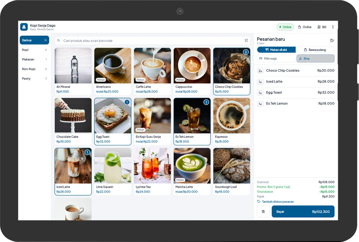 Aplikasi kasir Zcommerce di tablet: kategori, kartu produk dengan foto kopi dan kue, panel pesanan dengan promo dan tombol bayar