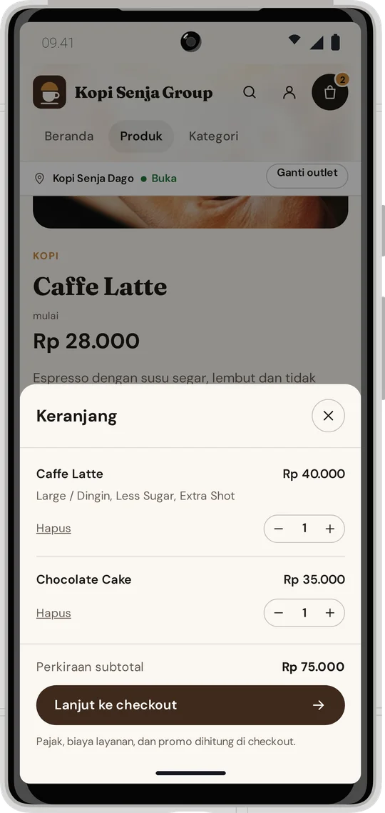 Keranjang di website: Caffe Latte dan Chocolate Cake, lanjut ke checkout