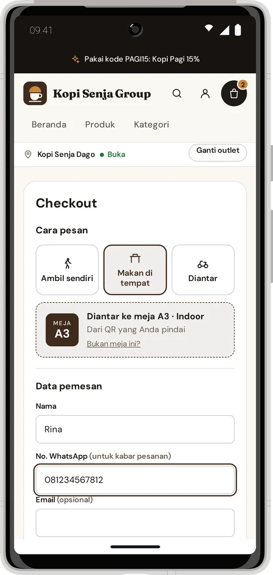 Checkout makan di tempat, diantar ke meja A3, data pemesan