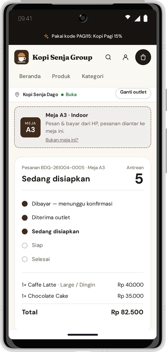 Status pesanan di website dengan nomor antrean