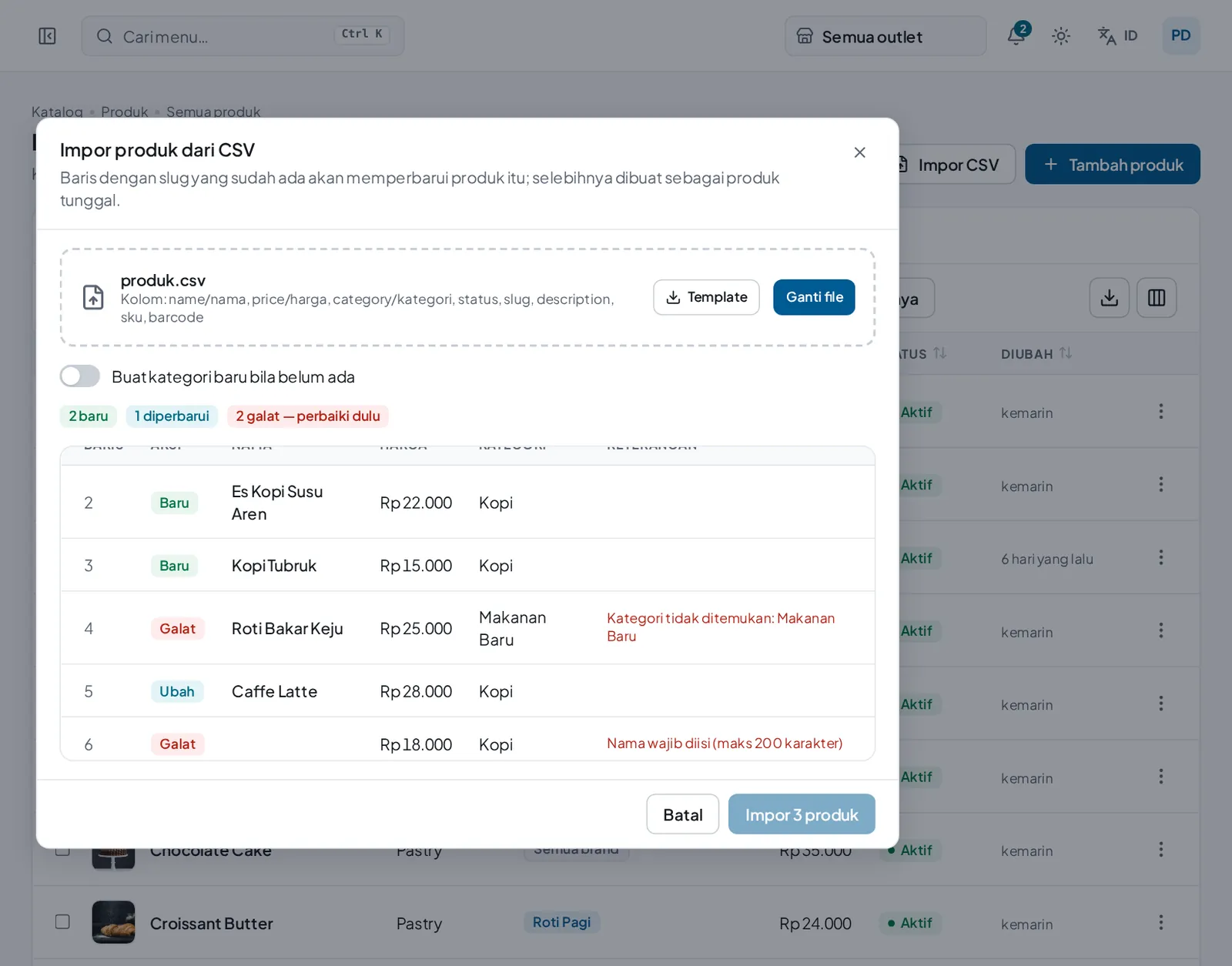 Impor produk dari CSV